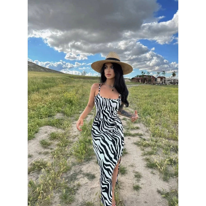 SAFERIDO 2025 ins style women's clothing summer sexy suspender slim side split zebra print popular dress