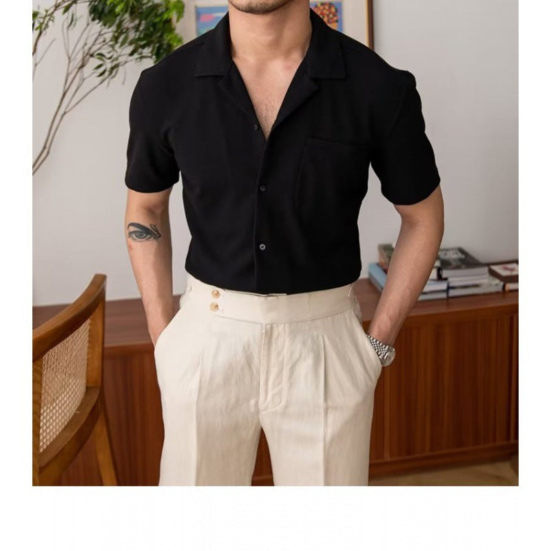 saferido      -shop hoco outfits for guys Five-Quarter Sleeve Trendy Summer Shirt Japanese Men's Standard Cuban Collar Youth Popular Lazy New Solid Color