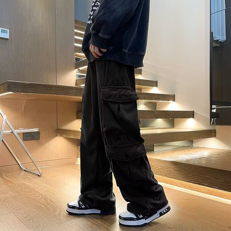 saferido      -shop grunge outfits Corduroy Multi-Pocket Overalls Men's Spring and Autumn American Straight Pants Men's Loose Casual Wide-Leg Pants