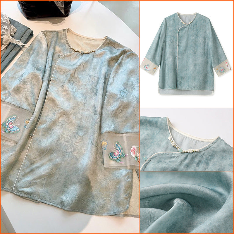 high-end new Chinese jacquard satin top spring and summer light national style embroidered thin silk shirt N4006