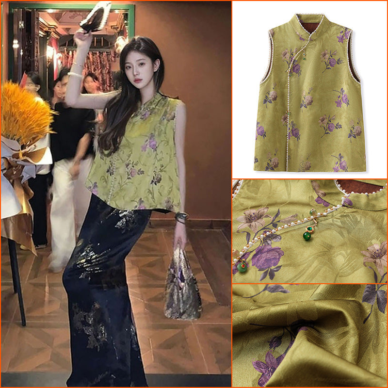 Summer new national style light luxury printed vest retro celebrity loose and thin meat cover premium top M6057