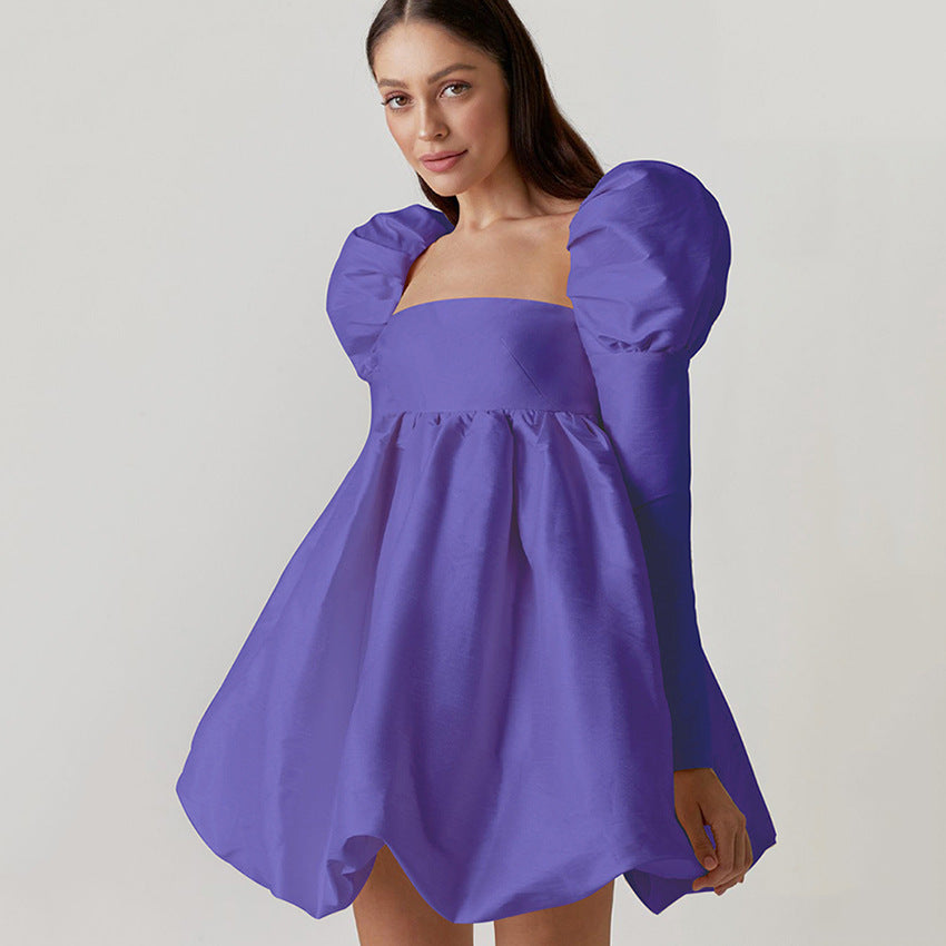2025 Autumn Bubble Sleeve Satin Satin Princess Dress Small Dress Long Sleeve Square Neck Court Style Dress Women