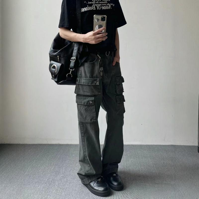 saferido masc outfits American-Style Three-Dimensional Multi-Pocket Casual Pants Men's Straight Micro-Pull Cleanfit Pants Vibe Washed Overalls Long Pants
