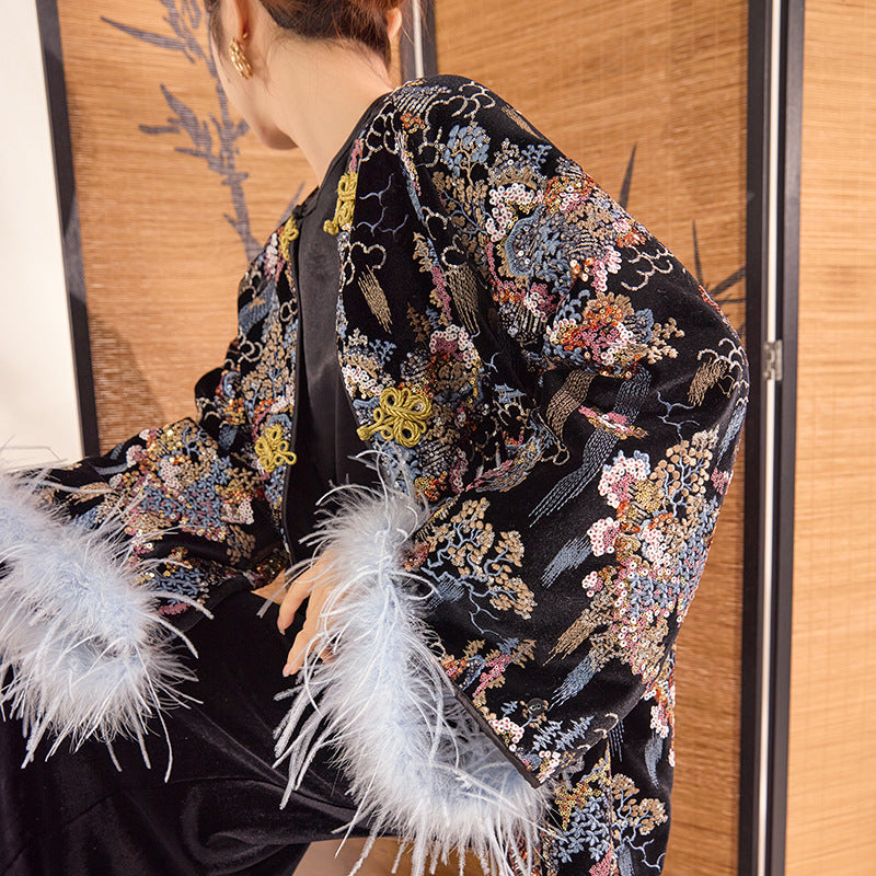 New Chinese style spring new temperament buckle top heavy industry sequined embroidered ostrich wool sleeve jacket MZ081