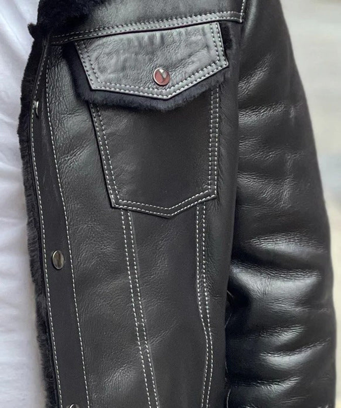 2025 New wish New black fur collar plush thickened men's leather jacket 6571
