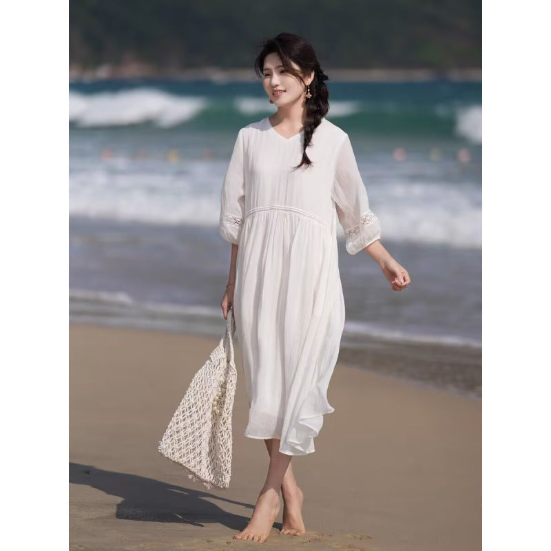 summer new loose large size fairy style dress female temperament literary and retro waist and thin skirt female