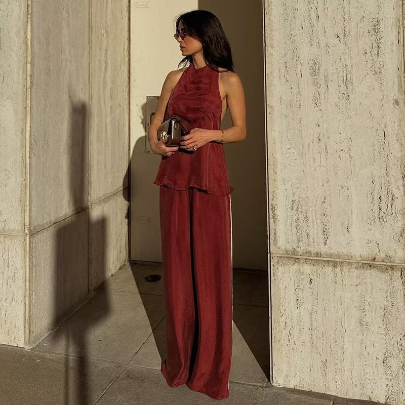 2025 2025 new Popular trade women's clothing sleeveless round neck solid color wide-leg pants temperament commuter fashion suit trousers