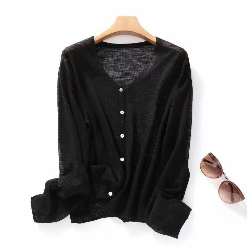 Thin bamboo and hemp short knitted cardigan jacket for women's summer imitation ice silk hollow sunscreen air-conditioning shirt for women