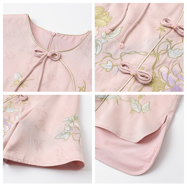 summer new Chinese ancient style Chinese style high-end exquisite embroidered printed top skirt two-piece set M5099