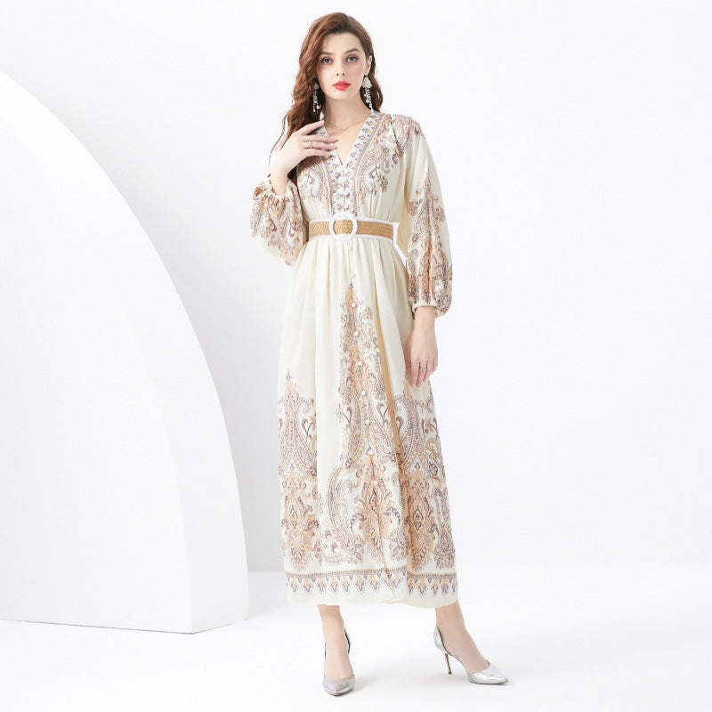 Dinner dress women's style high sense retro court style waist and thin temperament fashion printed dress