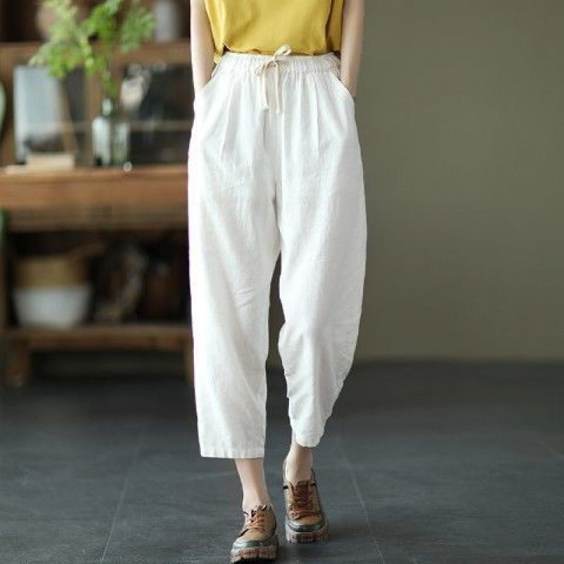 summer new literary and retro solid color simple Harlan pants loose large size versatile casual nine-point pants women