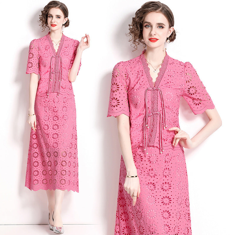Live stream with goods Internet celebrity Popular style lace retro skirt set fashion buckle short sleeve top long skirt two-piece set