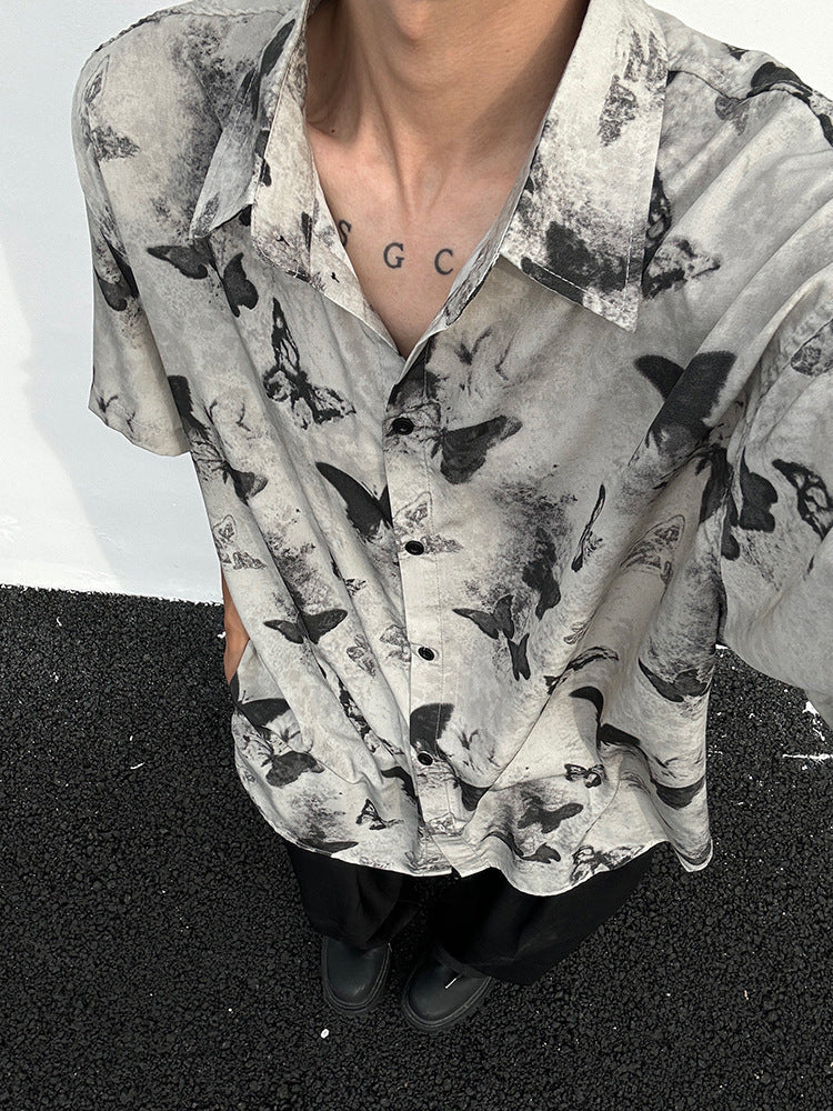 National style niche design butterfly short-sleeved shirt men's summer new loose drape cleanfit full print shirt