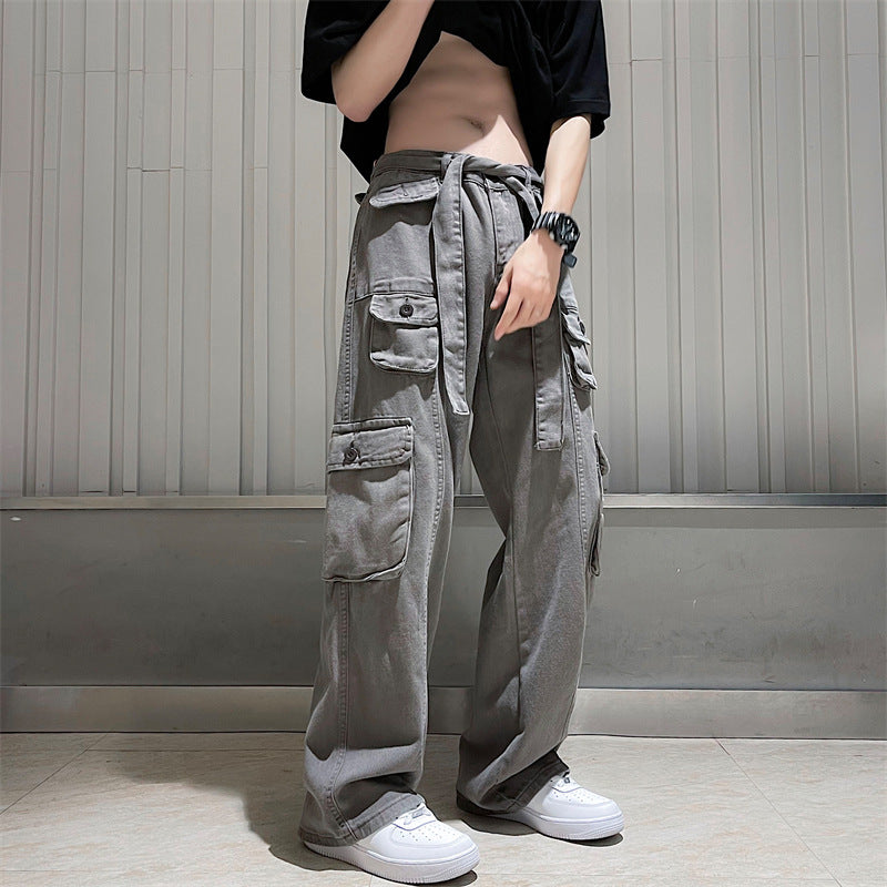 saferido boy outfits American Ins High Street Multi-Pocket Overalls Men's Loose Straight Casual Pants Autumn Drape Wide Leg Pants