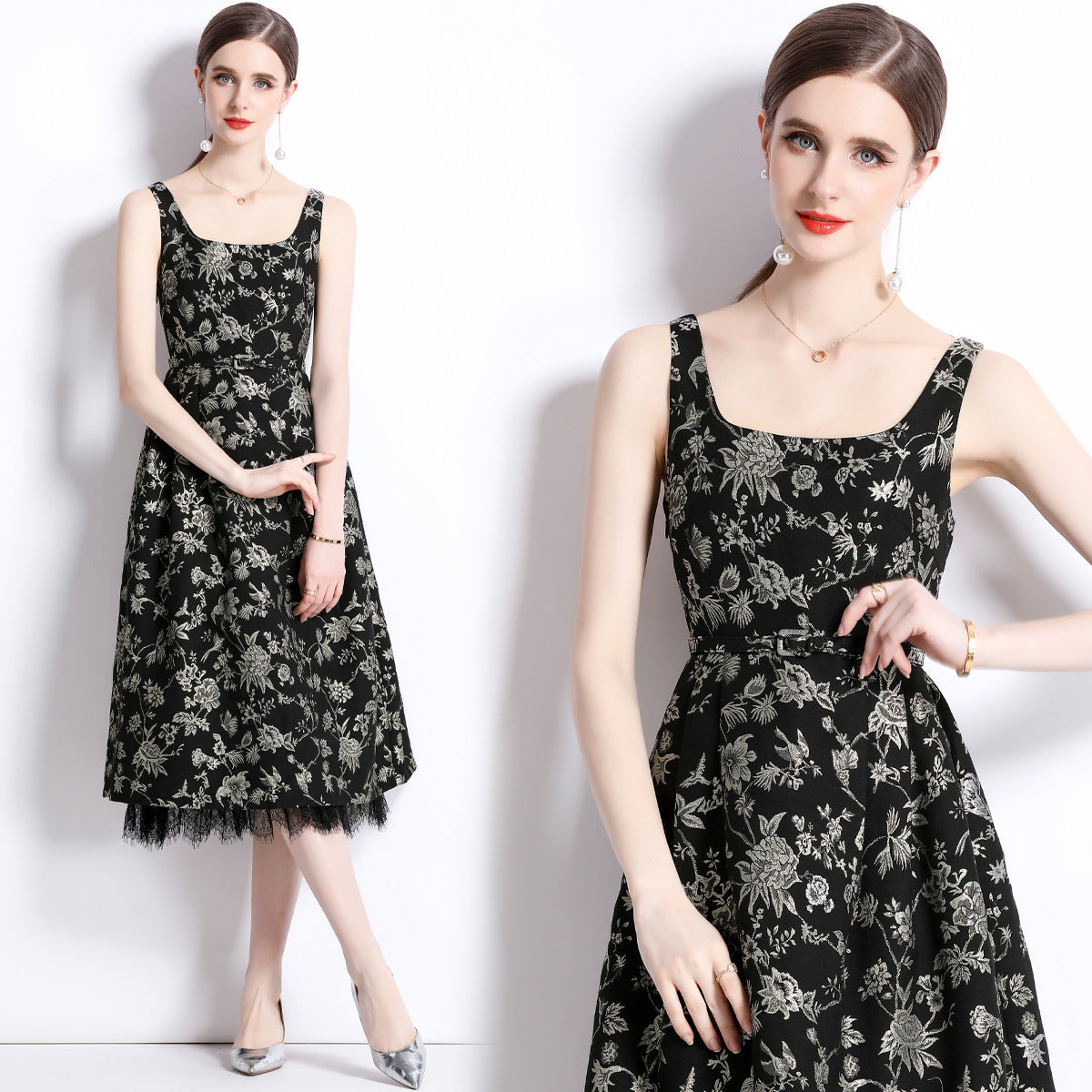 Summer court style celebrity temperament black gold rose embroidered gold silk heavy industry jacquard long waist and thin dress