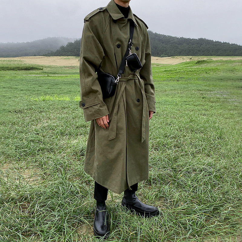saferido mens fall fashion Long over-the-Knee Army Green Windbreaker Spring Handsome Double-Breasted Thin Overcoat Trendy Cloak Coat for Men