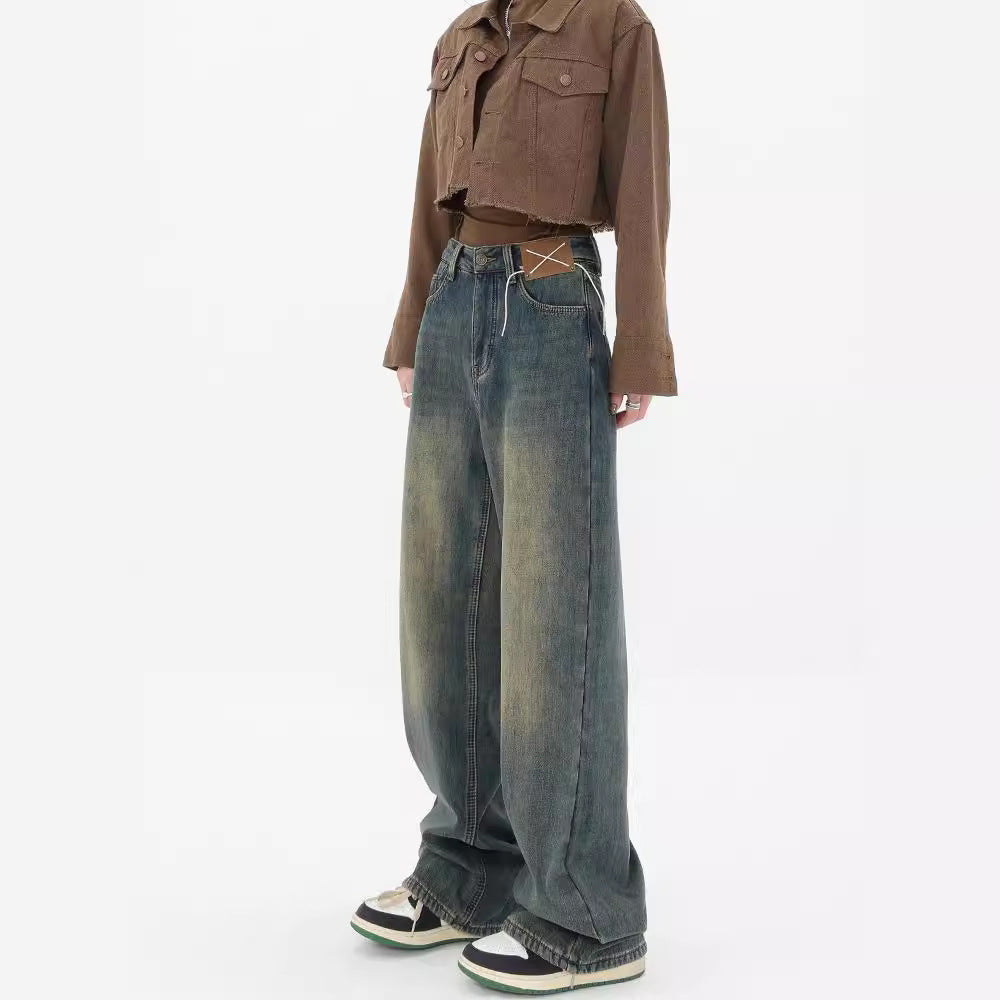 saferido -shop 90s streetwear Summer New Retro Washed Distressed Straight Jeans Women's High Waist Loose All-Match Wide-Leg Mopping Pants