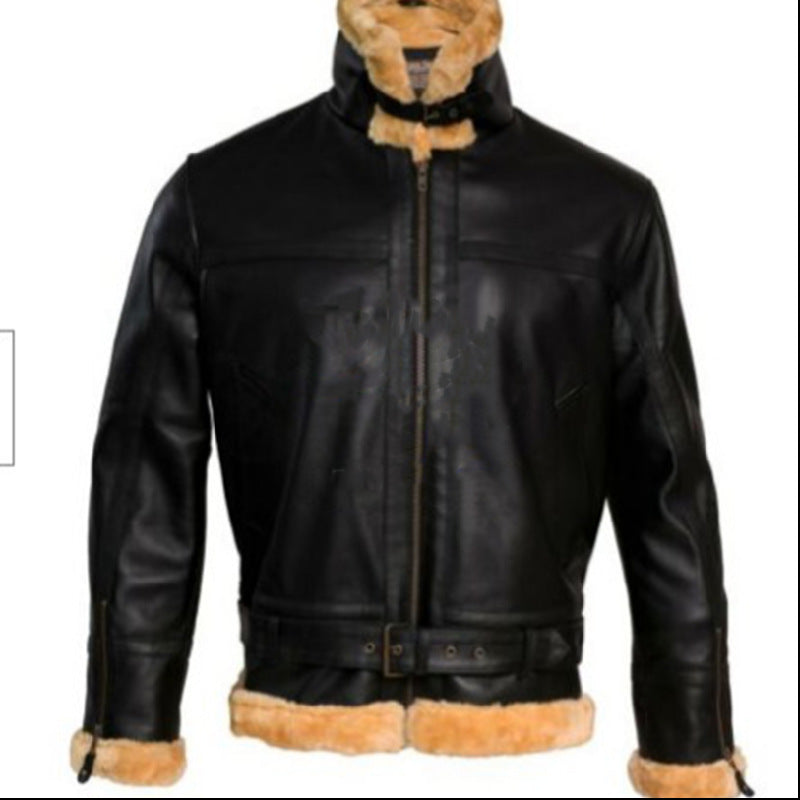 2025 winter New new fit belt lapel casual zipper men's fur jacket