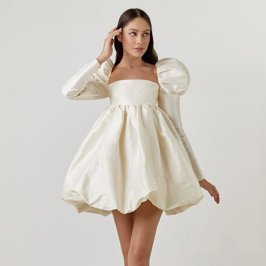 2025 Autumn Bubble Sleeve Satin Satin Princess Dress Small Dress Long Sleeve Square Neck Court Style Dress Women