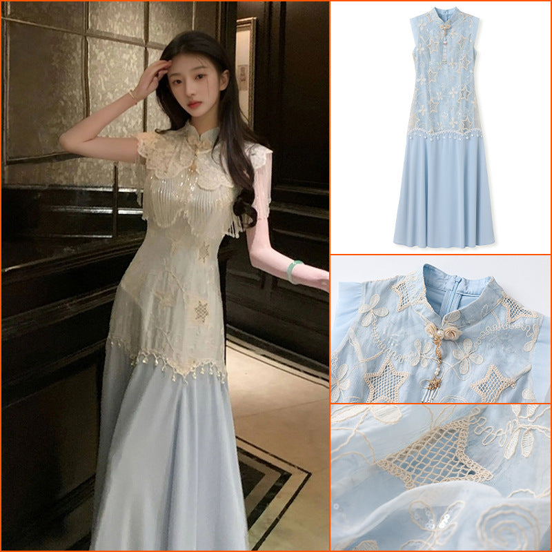 New Chinese style summer temperament peach blossom embroidered cheongsam slim split end sexy dress women's clothing N4091
