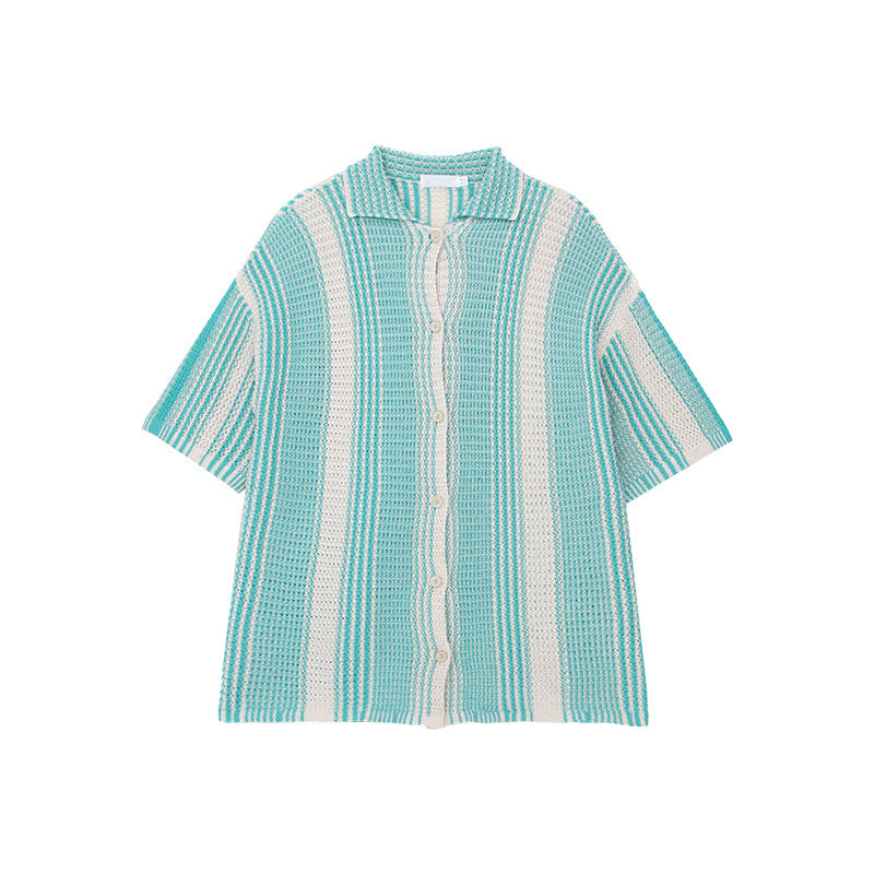 American style niche contrast color short-sleeved shirt men summer new style trend loose lapel casual knit sweater top
