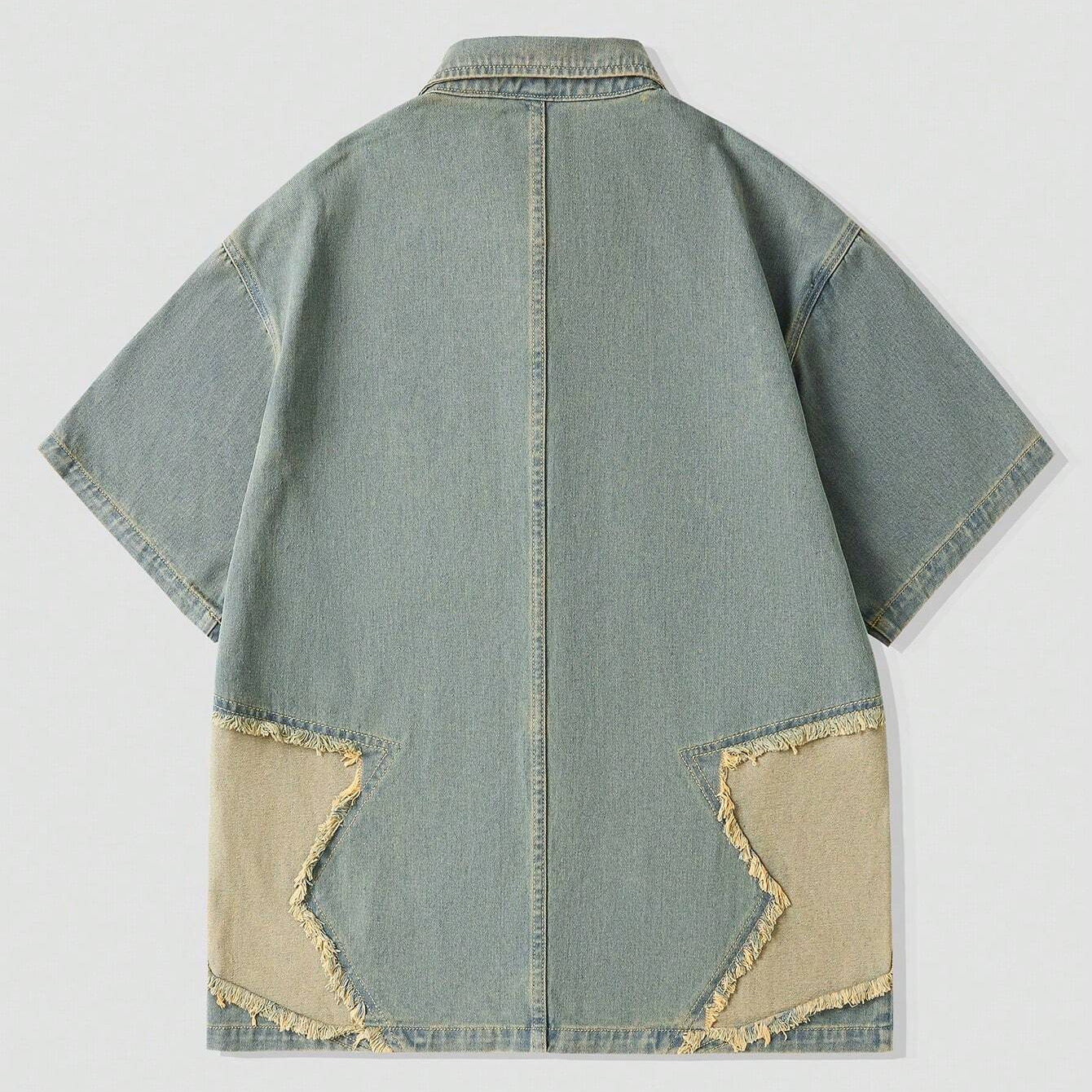 saferido 90s fashion men Frayed Star Patch Embroidered Short-Sleeved Men's Shirt Summer American Street Wash Polo Collar Button Cardigan Shirt