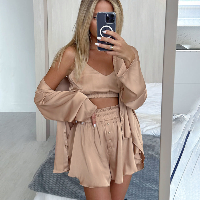 SAFERIDO 2025 Fashion soft and comfortable satin sexy underwear long-sleeved shorts nightgown three-piece set New women's loungewear