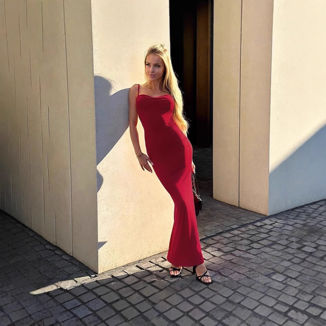 SAFERIDO 2025 Hot trade new style New women's clothing sexy Spice Girls suspender backless pleated long solid color dress