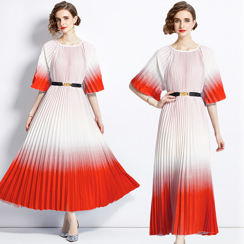 2025 style fashion gradual change color loose dress women's summer new temperament round neck lace-up skirt