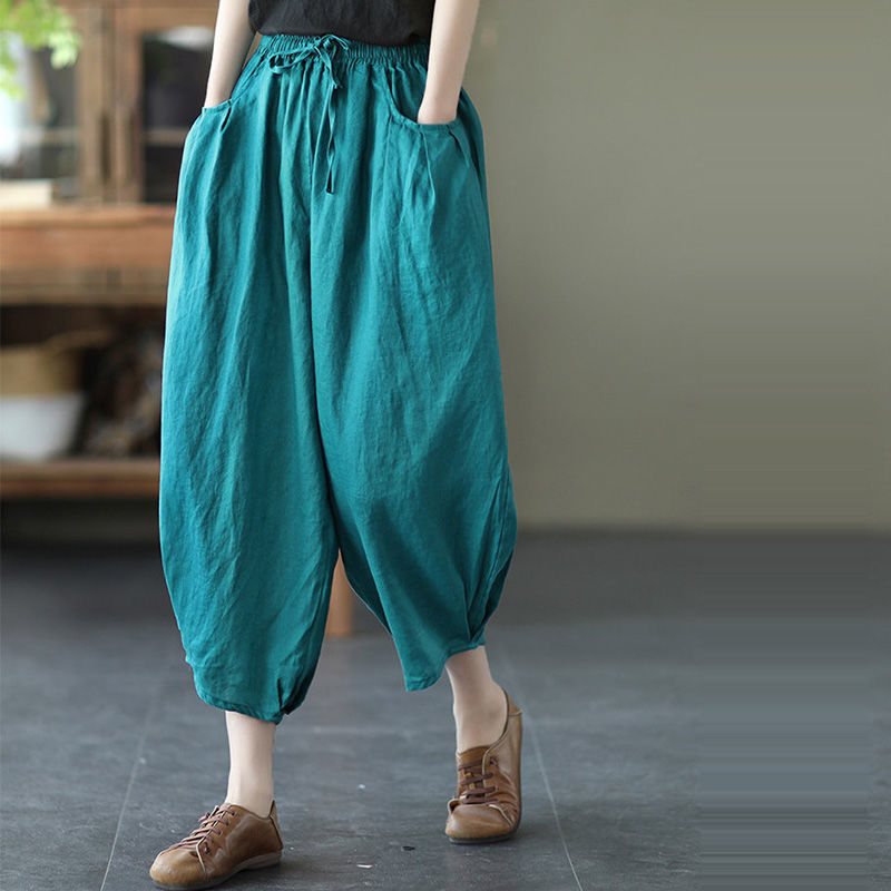 summer new literary and retro casual versatile nine-point pants loose large size thin temperament solid color Harlan pants