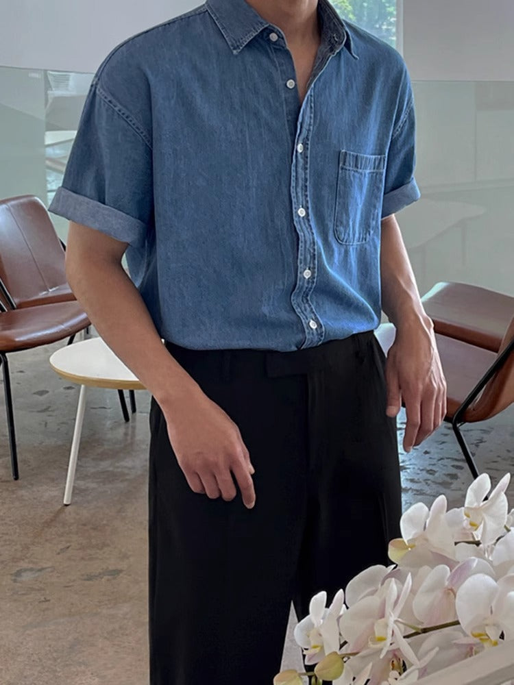 Korean style washed denim short-sleeved shirt men's summer new loose versatile retro lapel half-sleeved shirt jacket