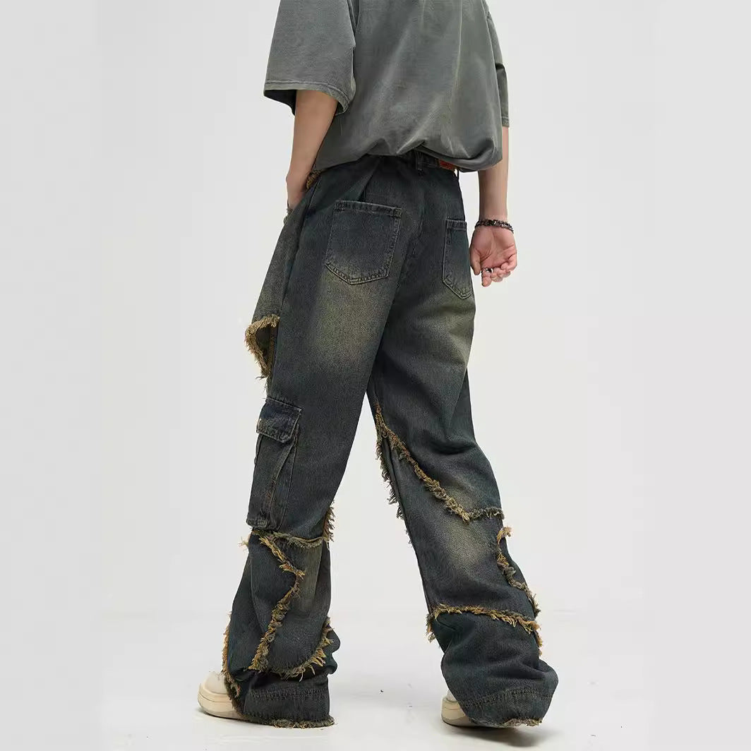 saferido skater boy outfits American-Style Retro Multi-Pocket Star Frayed Jeans Men's and Women's Loose Washed Distressed Wide-Leg Pants Summer