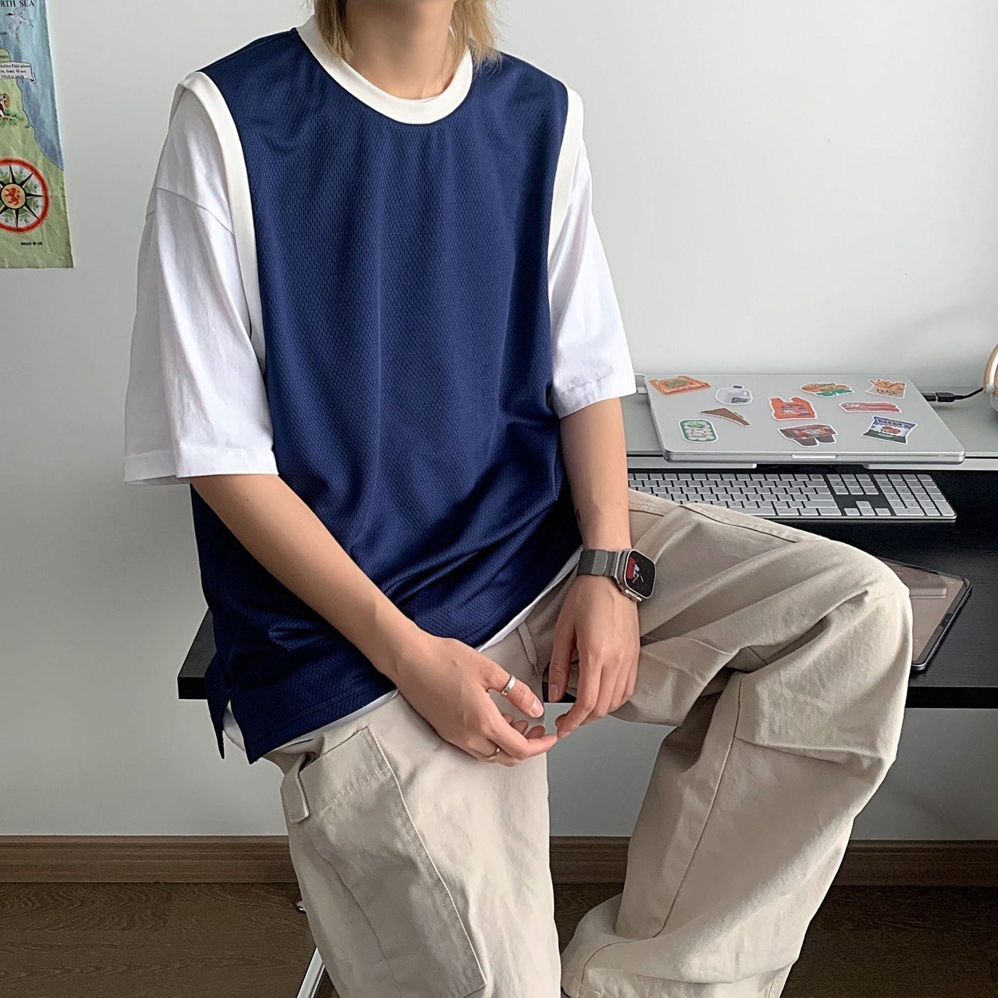 saferido non binary outfits American Retro Contrast Color Vest Loose Couple Sleeveless T-shirt Stacked Item Trendy Simple All-Match Top for Men