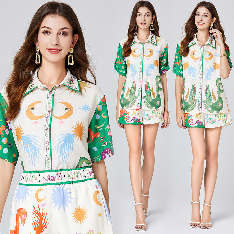 Popularan station set women's summer printed heavy industry beaded shirt + rubber band waist shorts two-piece set, with lining
