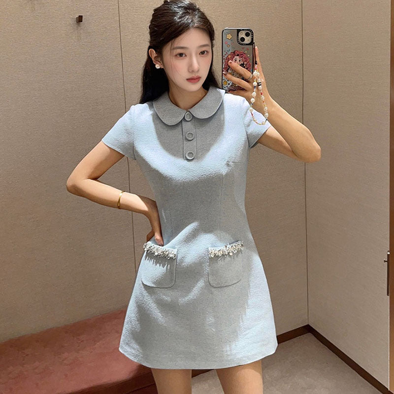 spring new small fragrant style lapel slim and thin small high-end age-reducing short-sleeved dress MZ038