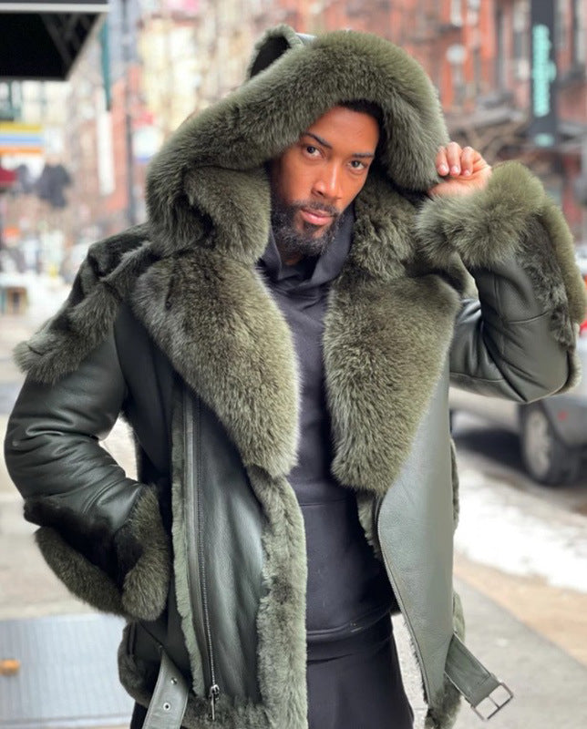 2025 New wish green big fur collar hooded thickened velvet men's leather jacket 6559