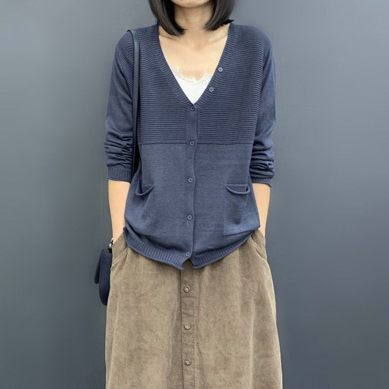 spring and autumn new Korean version of women's clothing loose and thin literary solid color long-sleeved knitted cardigan thin sweater jacket