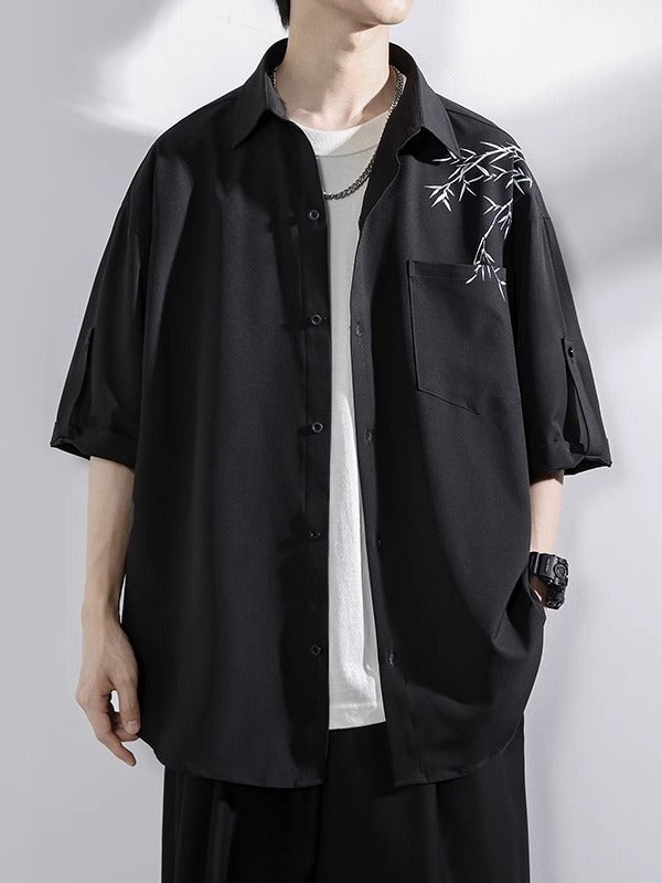 Ice silk shirt men's short sleeves summer trendy bamboo new Chinese style men's clothing Chinese style tops loose casual three-quarter sleeves