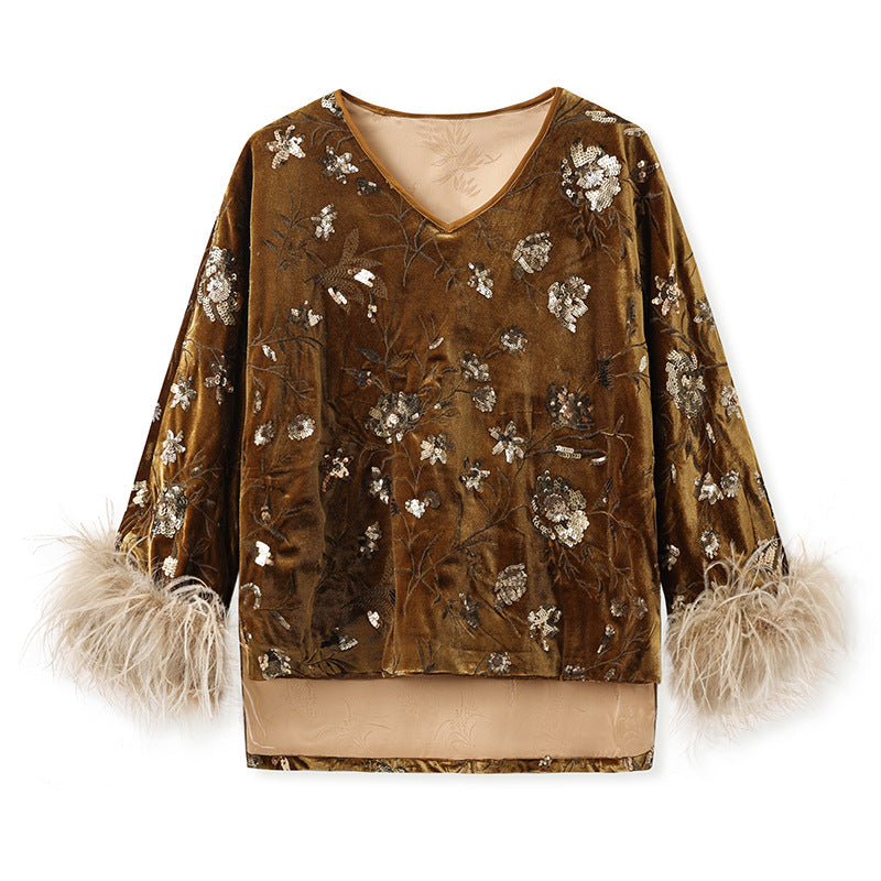 New autumn and winter national style cuffs feather splicing embroidered sequins temperament top skirt set female M9164