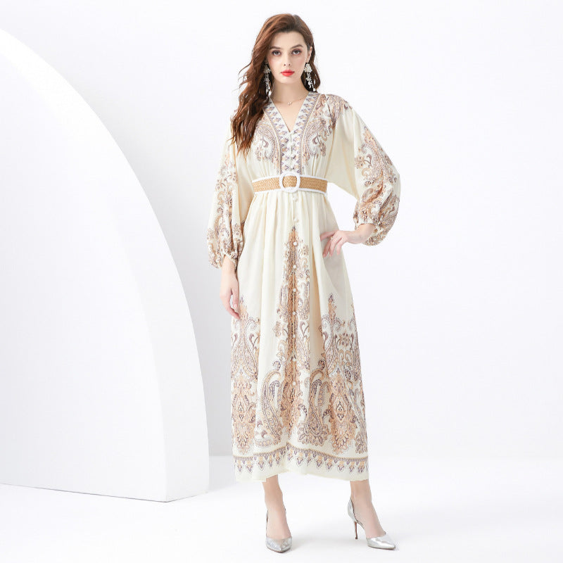 Dinner dress women's style high sense retro court style waist and thin temperament fashion printed dress