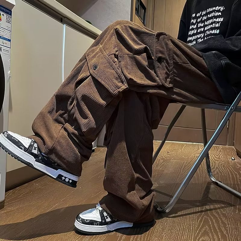 saferido      -shop grunge outfits Corduroy Multi-Pocket Overalls Men's Spring and Autumn American Straight Pants Men's Loose Casual Wide-Leg Pants