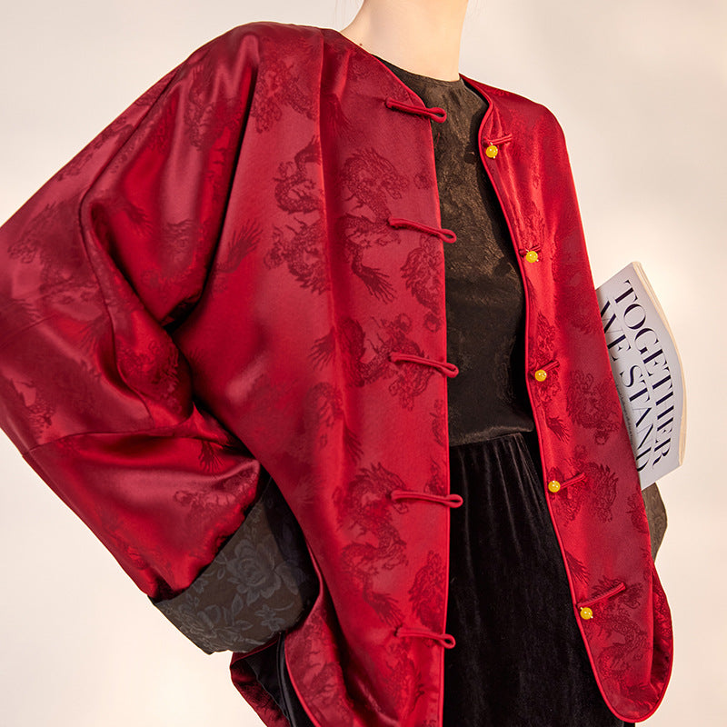 popular autumn and winter national style satin jacquard solid color coat women's new Chinese temperament acetate button top M7061
