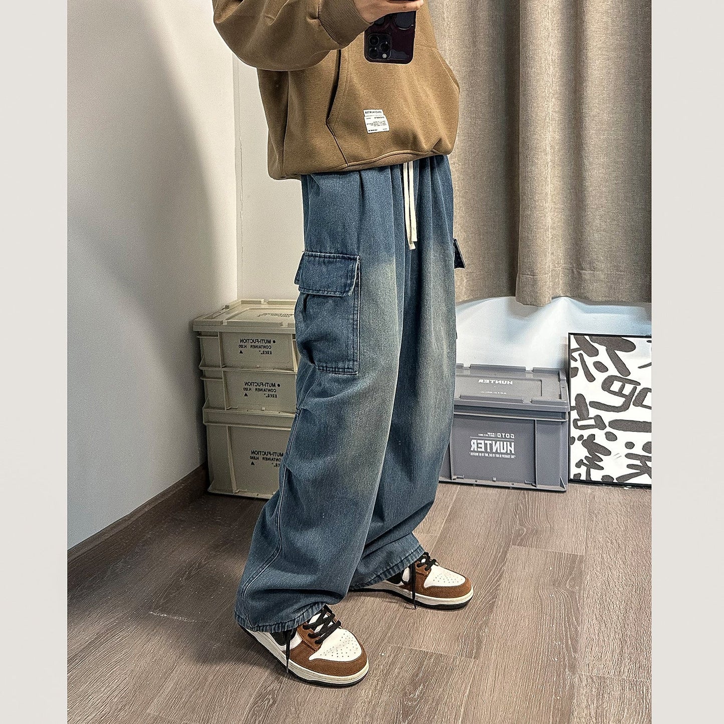 saferido -shop guys fits Intfeday Japanese Harajuku Style Vintage Distressed Jeans Men's Loose Straight Overalls
