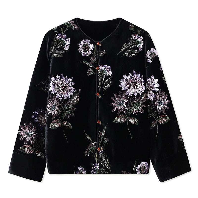 Guofeng winter new heavy industry sequined embroidered jacket round neck temperament design sense new Chinese down jacket MZ002