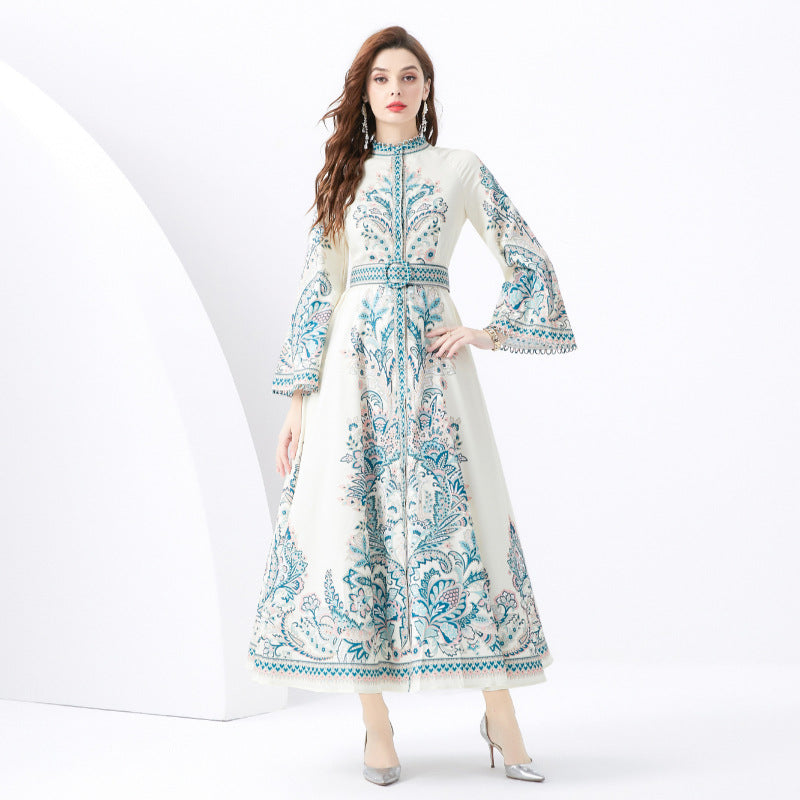 popular new retro court style printed dress for women's high-end feeling loose waist horn sleeve dress skirt