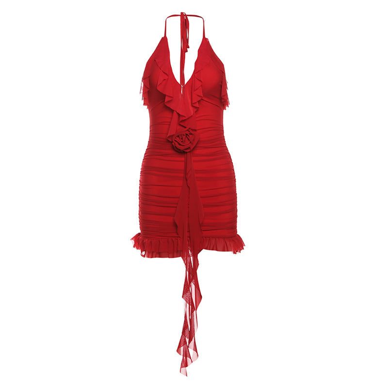 Cross-border 2025 style popular summer new women's clothing solid color slim-fitting high-waisted fashion neck sexy backless dress