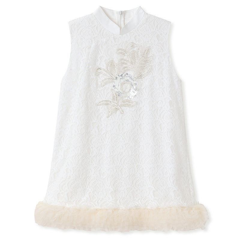 summer new national style embroidery temperament stand-up collar short skirt new Chinese hem splicing dress women's N4064