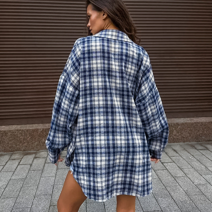 2025 Spring and summer fashion temperament polyester cotton shirt sleeves blue plaid shirt versatile pocket street style top women