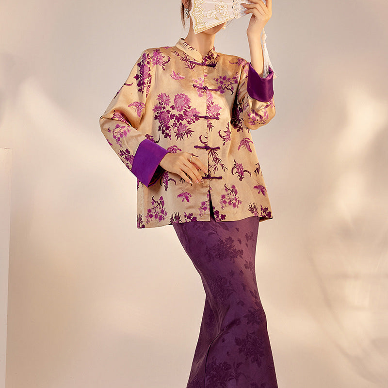 New Chinese-style new top, national style high-end buckle single ultra-purple printing design jacket autumn women M7035