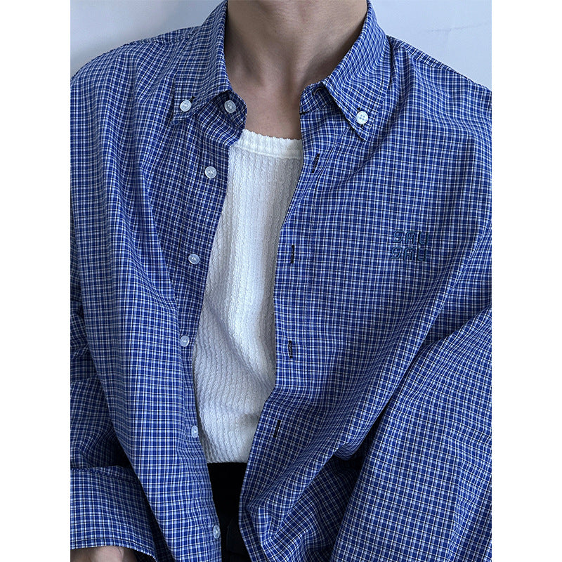 American retro lazy loose blue plaid long-sleeved shirt men new versatile casual embroidered shirt trend